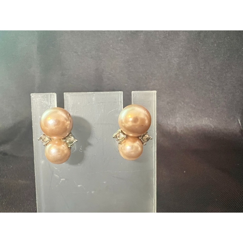 Vintage 1940s Double Faux Pearl Screwback Earrings‎ Rhinestone Accents MCM Glam